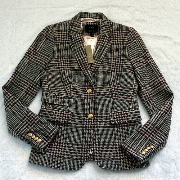 NWT J. Crew Dark Academia Wool Houndstooth Schoolboy Tweed Plaid Blazer, Size 2T - Picture 2 of 9